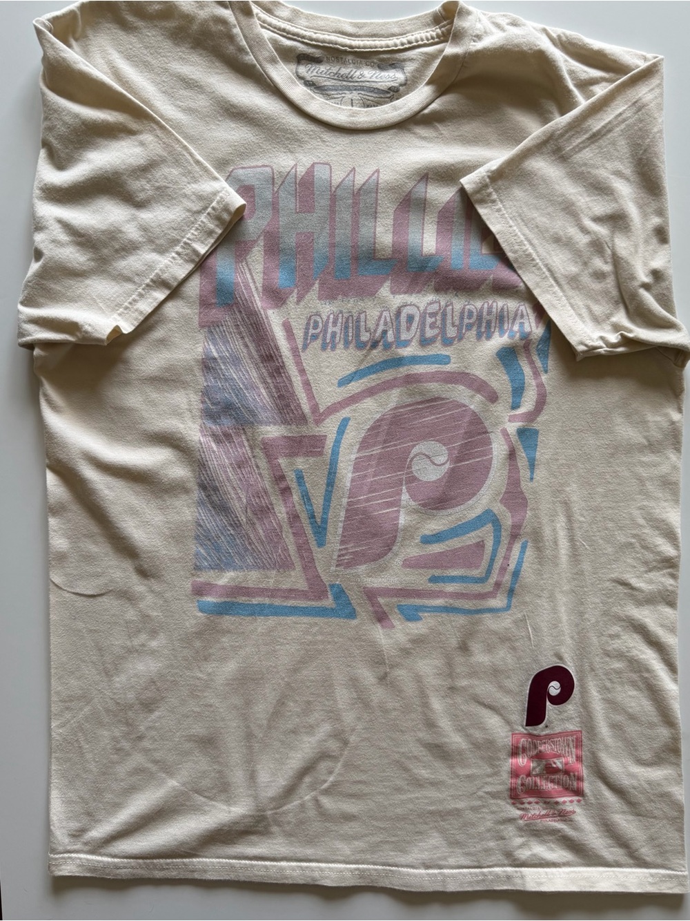 Mitchell & Ness Cream Philadelphia Graphic Tee with Pink & Blue Logo